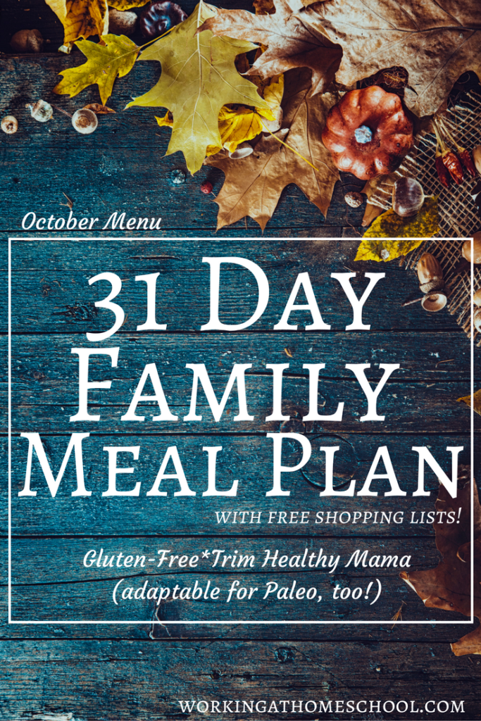 31 Day Meal Plan with shopping lists for the whole family! This menu is gluten-free and works for Trim Healthy Mama, and can be adapted for Paleo diets, too!