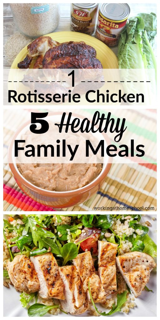1 store-bought rotisserie chicken made into 5 healthy family meals! They're all gluten-free and Trim Healthy Mama, too. This is saving me SO much time - these healthy meals are so easy!